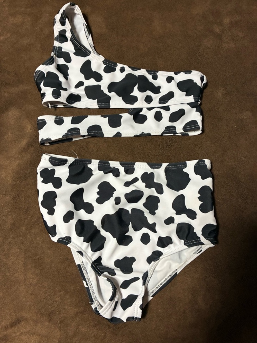 Cow Print One-Shoulder Bikini Set in Black & White girls 5/6